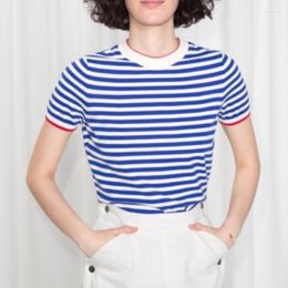 Women's T Shirts EOS 2023 Summer Basic Striped Contrast Crew Collar Knitted T-shirt Vintage South France Style