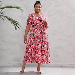 Plus Size Dresses African Plus-size Loose Floral Women's V-neck Waist Slim Skirt Beach Holiday Summer Women Clothing Vacation Dress