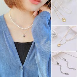 Pendant Necklaces 2-Layer Necklace Pearl & Heart Decor Thin Alloy Neck Chain Gift For Girls Ladies Women 2-Tier Choker D88