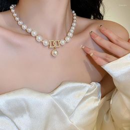 Choker ALLME French Simulated Pearl Strand Beaded Necklaces For Women Ladies Hollow Double Letter Chokers Necklace Bridal Jewellery