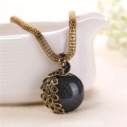 Pendant Necklaces Bohemian Ethnic Peacock Gold Colour Metal Chain Crystal Stone Statement For Women