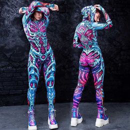 Theme Costume Halloween Comes For Women Female Joker Cosplay Scary Sexy Long Sleeve Fitness Skeleton Hoodie Bodysuit One-piece Suit L230804