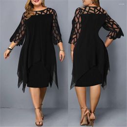 Casual Dresses Elegant Midi Party Dress For Chubby Lace Sleeve Hollow Out Solid Women Xxl O Neck Sexy Women'S Clothing Evening 2023