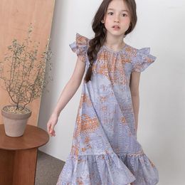 Girl Dresses Girls' Summer Retro French Dress Fairy Style Light Purple Cotton Medium Length Ruffle Hem Print Beach Children's 2023