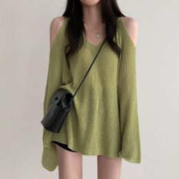 Women's Sweaters Korean Chic Style V-Neck Off Shoulder Loose And Lazy Versatile Casual Sunscreen Solid Color Long Sleeve Knitted Top