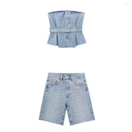 Women's Tracksuits Set Women 2 Pieces 2023 Fashion Cowboy With Tube Top Tops Vintage Mid-waist Denim Casual Shorts Female Chic