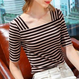 Women's T Shirts T-shirt Female 2023 Summer Striped Contrast Colour Thin Five-point Sleeve Small Shirt Temperament Square Collar Top
