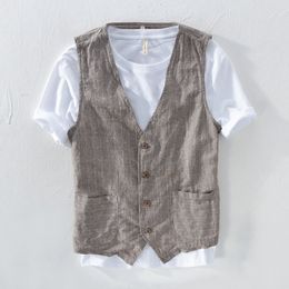 Men's Vests Men Vintage Vest Slim Linen Cotton Blazer Vest Male Casual Thin Striped Suit Waistcoat Clothing Asian Size M-3XL 230804