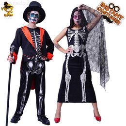 Theme Costume QLQ Halloween Come for Women Scary Skeleton Dress Role Playing Men's Skull Bride Groom Jumpsuit Cosplay Purim Comes L230804