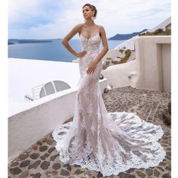 Sexy Backless Mermaid Wedding Dresses Bridal Gowns Full Lace Appliqued Sweetheart Neck Spaghetti Straps Boho Beach Bride Dress 328 328