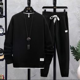 Men's Tracksuits 2023 Autumn Black Two Piece Set Linen Fabric Casual Sweatshirt And Sweatpants Mens Sports Suit Training Tracksuit