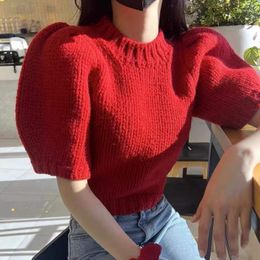 Women's Sweaters 2023 French Solid Colour O-Neck Puff Sleeve Pullover Sweater Simple Temperament Loose Short Red Knitwear Top