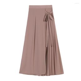 Women's Pants 2023 Summer Women Chiffon Cropped Skirt Elastic Band Waist Pleated Mesh Thin Fashion Calf Length Wide Leg Trousers