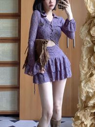 Work Dresses Purple France Vintage Two Piece Set Women Summer Lace Sexy Mini Skirt Suit Female Korean Fashion Hight Waist 2023