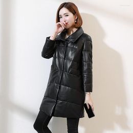 Women's Leather Women Winter Down Jacket Stand Collar Thick Warm Long Trench Coat Elegant Office Ladies Sheepskin Genuine