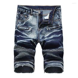 Men's Jeans Male High Street Motorcycle Trousers Biker Washed Denim Shorts Cotton Straight Pleated Stretch Knee Short Pants