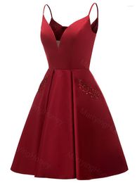 Party Dresses Satin Short Homecoming Dress With Pockets Spaghetti Straps V Neck Prom For Women A Line Beading Formal Cocktail Gowns