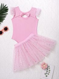 Stage Wear Ballet Dress Gymnastics Leotards Dance Costume For Girls Kids Ruffle Mesh Bowknot Decor Hollow Front Tutu Skirt