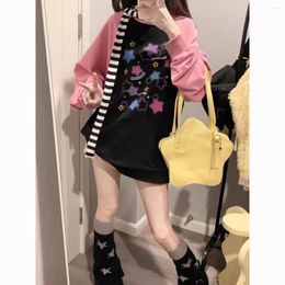 Women's Hoodies Subcultural Y2k Halo Dyed Star Sweatshirt Women Printed Harajuku Long Sleeve Raglan Tshirts Pink Black Panel Loose Top