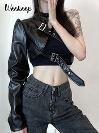 Women's Jackets Weekeep Gothic Black PU Leather Jacket Women One Shoulder Halter Buckle Hip Hop Outfits Fashion Streetwear Cropped Solid 230804