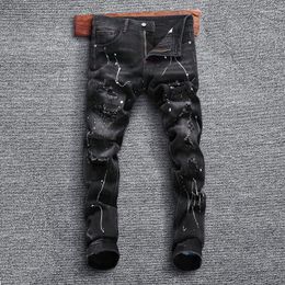 Men's Jeans High Street Fashion Men Retro Black Grey Elastic Slim Ripped Painted Designer Hip Hop Stretch Denim Pants Hombre