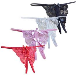 Women Sexy Lace Thong Ropa Interior Open Fork Brief Lady Tanga Bow Knicker Female g string Adult Games L230626