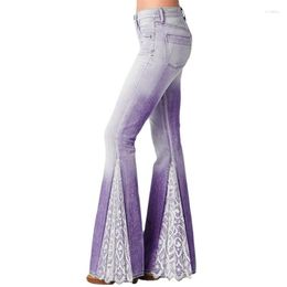 Women's Jeans Fashion Women Lace Patchwork Pants Imitation Denim High Waist Bell Bottom Ruffle Trousers Lady Streetwear Flower Print Costume