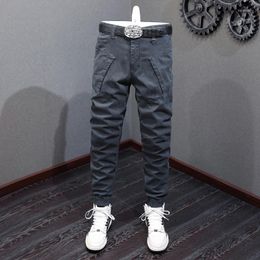 Men's Jeans Street Fashion Men Spliced Designer Big Pocket Grey Khaki Casual Cargo Pants Hombre Hip Hop Joggers Wide Leg Trousers