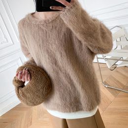 Women's Sweaters Long Sleeve Knitted Sweater Fuzzy O-Neck Warm Solid Color Early Autumn Ladies Casual Knitwear Pullover Jumper 2023