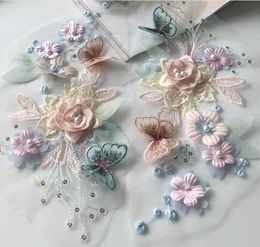 Chinese Products Embroidery Floral Butterfly Lace Applique Patch Delicate Pearl Lace Wedding Clothing Decoration Sewing DIY