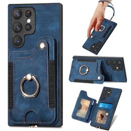 Shockproof Leather Ring Kickstand Card Holder Wallet Cases For Samsung Galaxy S23 Ultra S22 S21 S20 Note 20 Magnetic Stand RFID Phone Covers Conque with Lanyard