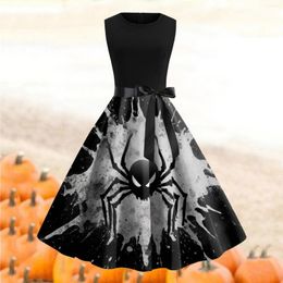 Casual Dresses Womens Halloween Round Neck Sleeveless Print Vintage Swing Boho Beach Ruffles Cocktail Evening Formal Dress