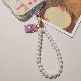 Short Wrist Strap Cute Pearl Bear Handmade Beaded Pendant Pendant Round Bead Chain Mobile Lanyard Anti Loss Strap