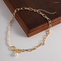 Choker ALLME Chic Asymmetric Real Freshwater Pearl For Women 14K Gold Plated Brass Hollow Linked Chain Necklace