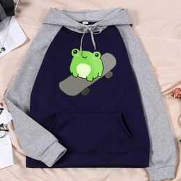 Men's Hoodies Cute Frog On Skateboard Cottagecore Aesthetic Metal Print Mens Hoody Street Basic Autumn Fleece Clothes Loose Soft Man Top