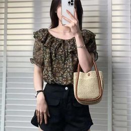 Women's Blouses Casual Ruffles Patchwork Loose Shirt Vintage Broken Flowers Printed Clothing O-Neck Summer Stylish Drawstring Blouse