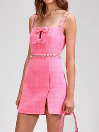 Urban Sexy Dresses Women's Bow Pink Tweed Sling Mini Dress Spring and Summer Sleeveless Slim Sexy Pearls Trim Short Robes All-match 230804