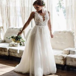 2022 Beach Wedding Dresses Bridal Gowns Lace Applique Bohemian Sheer V-Neck Backless Floor Length Custom Made Chic Tulle Plus Size252L