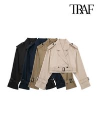 Women's Jackets TRAF Women Fashion With Belt Double Breasted Crop Jacket Coat Vintage Lapel Collar Long Sleeve Female Outerwear Chic Tops 230804