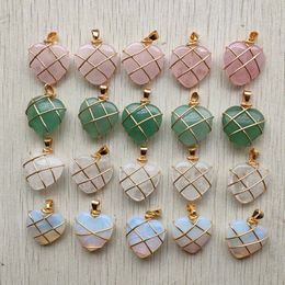 Natural Stone Heart Charms Crystal opal Agate Rose Quartz Beads Pendant Handmade Wire Gold Colour Wire Wrapped for Jewellery Marking