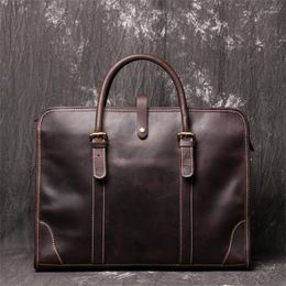 Briefcases Highend Vintage Brown Genuine Crazy Horse Leather Executive Men Briefcase Handbag Messenger Bag 14'' Laptop Portfolio M1073