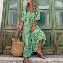 Casual Dresses For Women 2023 Chic And Elegant Vintage Robe Bohemian V-neck Printing Beach Leisure Summer Long Holiday In