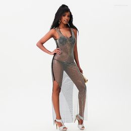 Casual Dresses Leqoel Hollow Out Prom Long Bare Back Body Tube Top Mesh Women Dress 2023 Flash Diamond V-Neck Grid Sexy Super