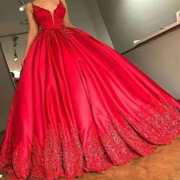 Prom 2023 Dresses Red Ballgown Satin Spaghetti Straps Sexy Back Beaded Sweep Train Sequins Applique Custom Made Ruched Evening Party Gowns Vestidos Plus Size