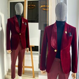 Burgundy Luxury Mens Wedding Suits Shawl Lapel Tuxedos For Male 2 Pcs Business Evening Party Prom Custom Made Jacket With Pants