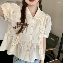 Women's Blouses DUOFAN Korean Sweet Solid Colour Wooden Ear Edge Doll Neck Cute Short Sleeved Shirts Summer Style Tops 2023 Blusas