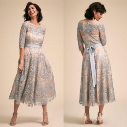 BHLDN Mother Of The Bride Dresses Jewel Neck Lace Appliqued Tea Length Half Long Sleeve Evening Gowns Plus Size Prom Dress Party W242j