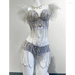 Stage Wear Sexy Nightclub Dancer Team Luxury Gray Rhinestones Pearl Bikini Tutu Mini Skirt Rave Outfits Music Festival Clothing