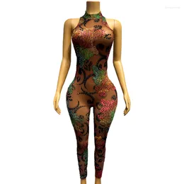 Stage Wear Sexy Colorful Rhinestones Flowers Brown Transparent Jumpsuit Birthday Celebrate Evening Costume Dance Sleeveless Bodysuit Caihua