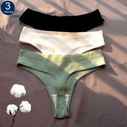3 Pcs Seamless Ladies Ribbed Cotton Thong Simple Women's Low Waist Bikini Briefs Sports Girls Underwear Plus Size L230626